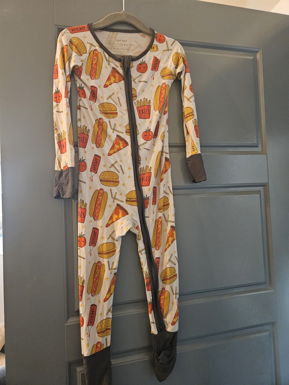 Kids White Food-Print One-Piece Pajamas with Gray Trim